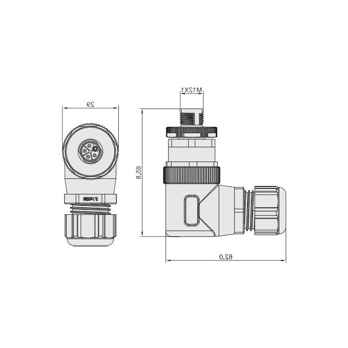 M12 5Pin, L-coded, male 90°, screw connection, 64L023